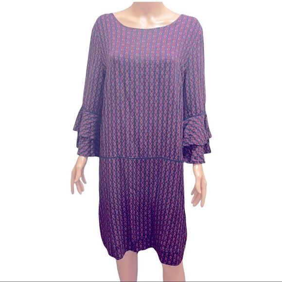 Emberly Red & Blue Print Layered Bell Sleeves Shift Dress Size L - Picture 1 of 16